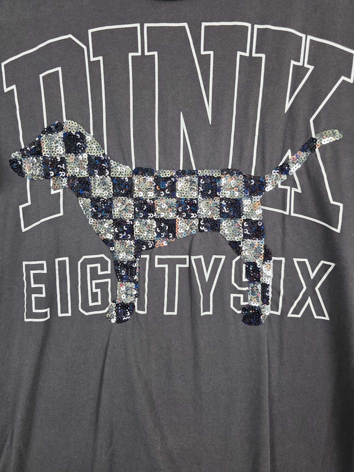 Victorias Secret PINK Checkered BLING Sequined Tee shirt 86 Grey Small