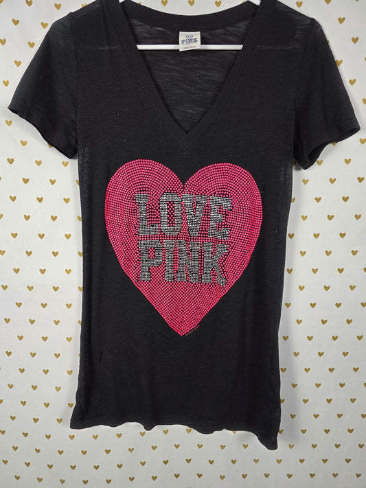 Victorias Secret PINK LOVE BLING Heart Studded Tee shirt V neck SMALL