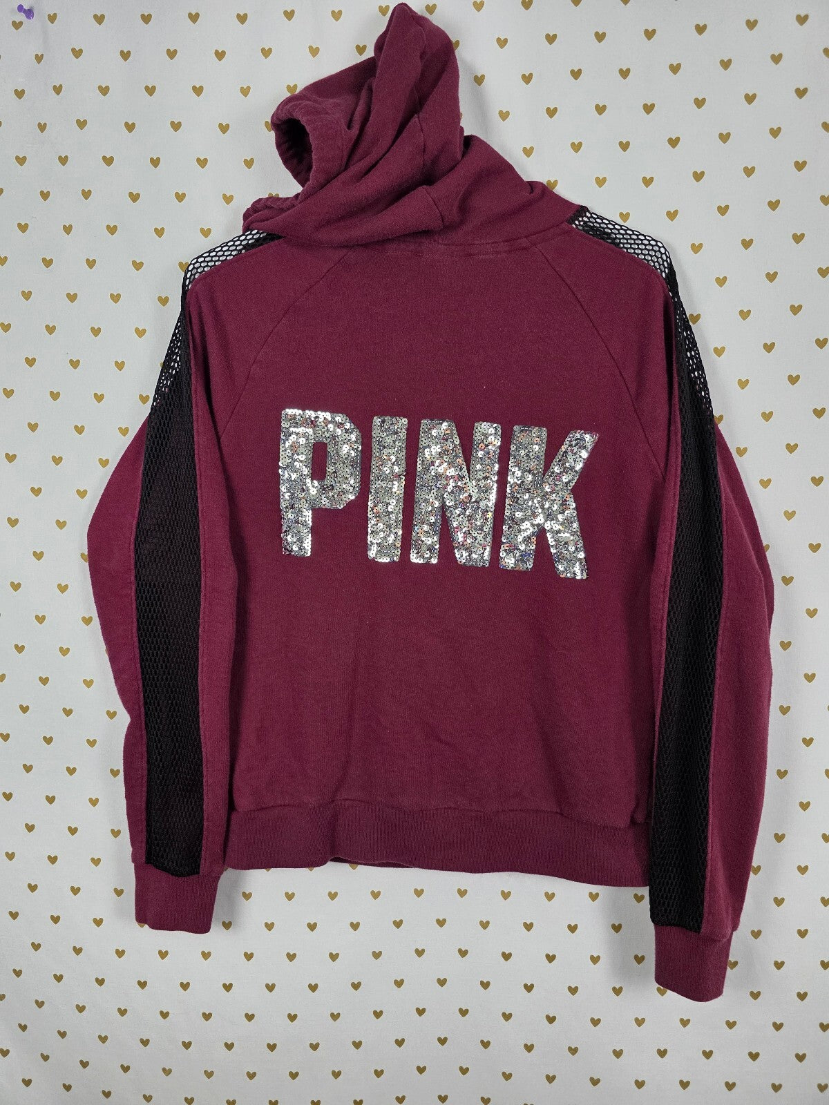 Victorias Secret Pink BLING Full Zip Mesh Sleeve Jacket Maroon Small