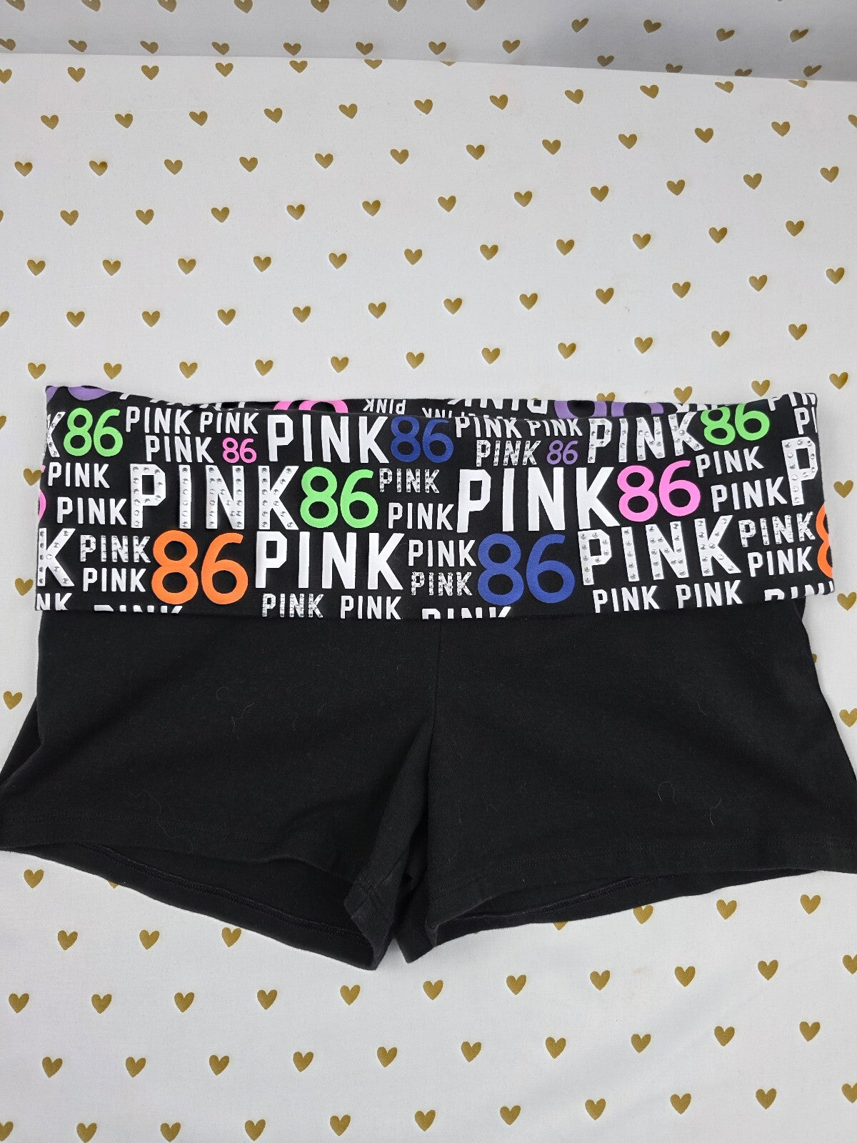 Victorias Secret PINK Vintage Bling Foldover Yoga Shorts Logo 86 Booty Med