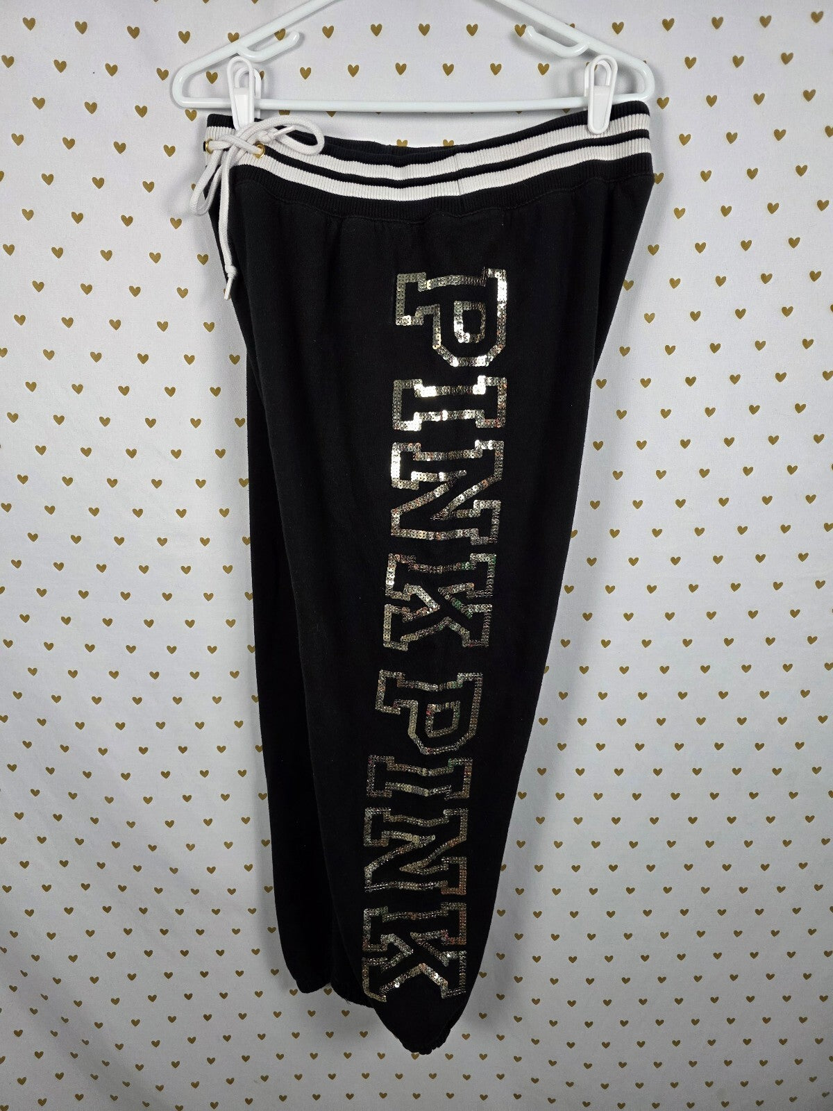 Victorias Secret Pink Rose Bling SET Hooded Sweater sequined Sweatpants Large