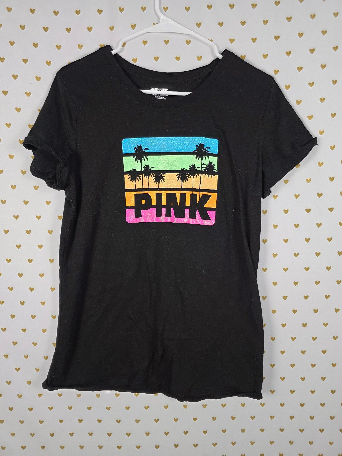 Victorias Secret PINK Bling Glitter Palm Logo Tee shirt LARGE