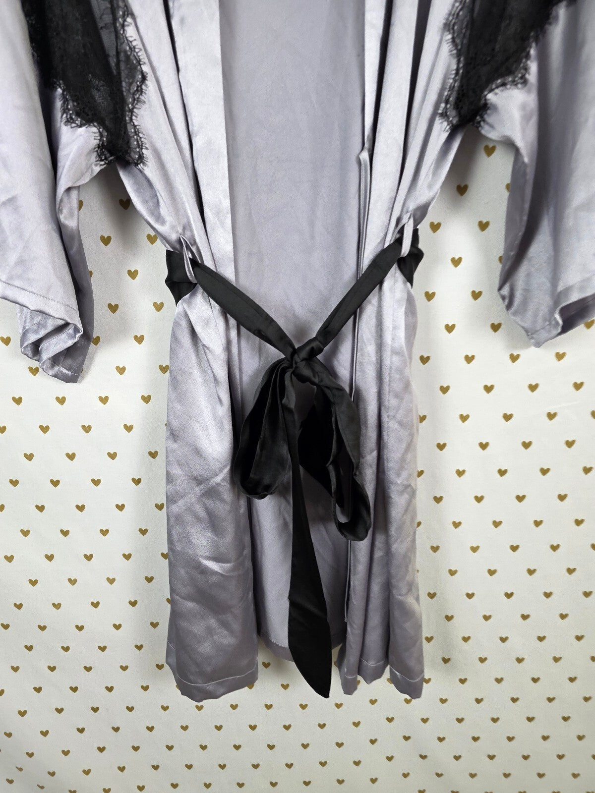 Victoria's Secret Satin Robe M/L Silver Gray Black Lace Rhinestone Angel Wings
