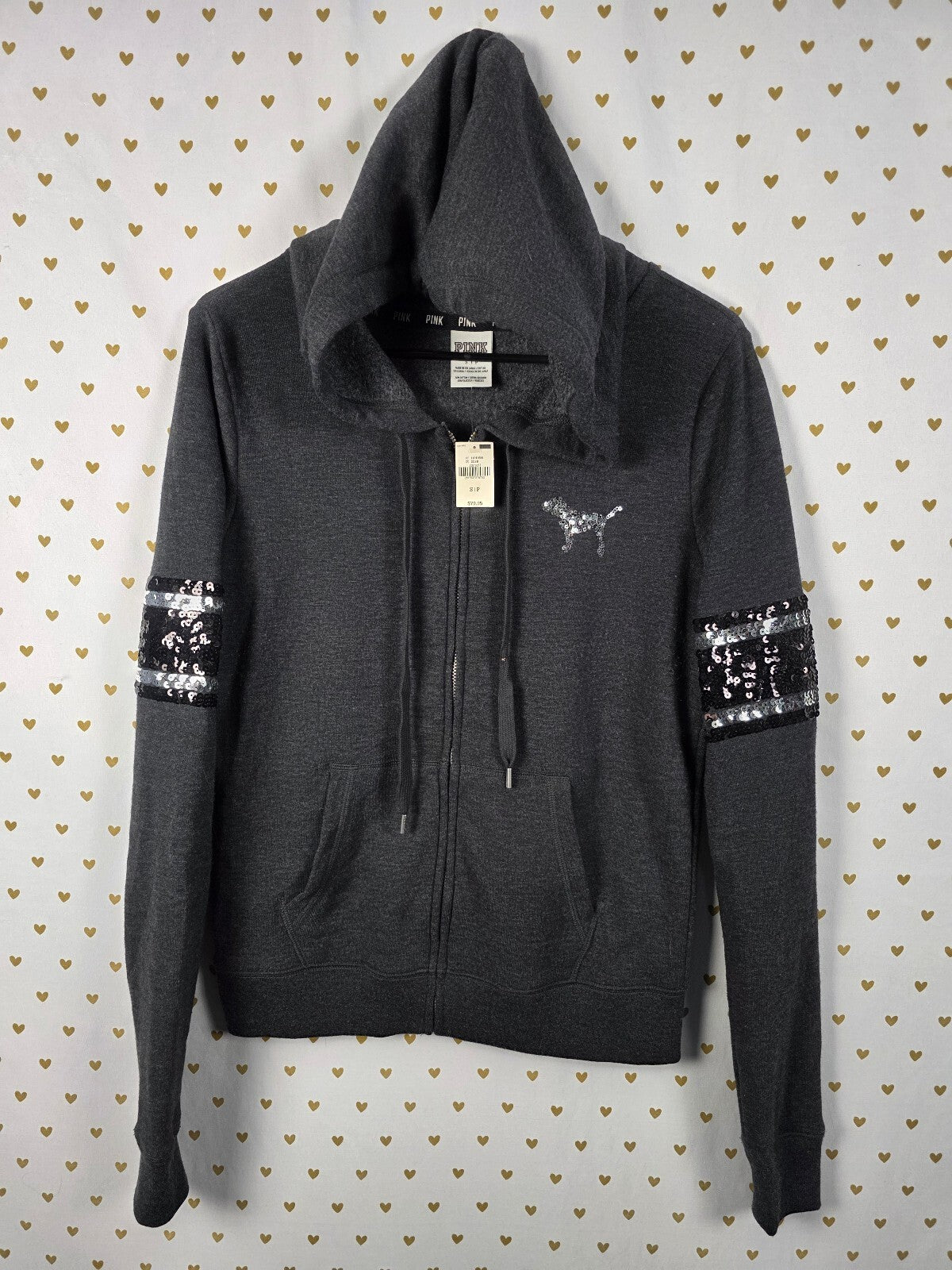 Victorias Secret Pink Bling NEW NWT Sequined Logo Hoodie Jacket Grey Small