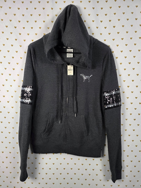 Victorias Secret Pink Bling NEW NWT Sequined Logo Hoodie Jacket Grey Small