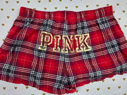 Victorias Secret PINK  Plaid Logo Butt Small Sleep Shorts Boxers Pajama Bottoms