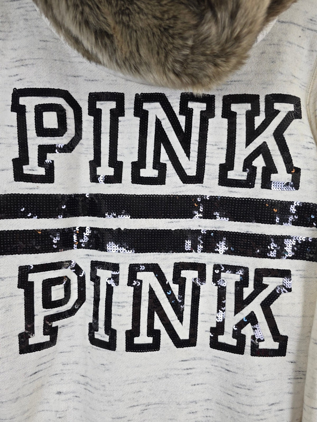 Victoria's Secret PINK Faux Fur Hood Sequin BLING Full Zip Hoodie Large