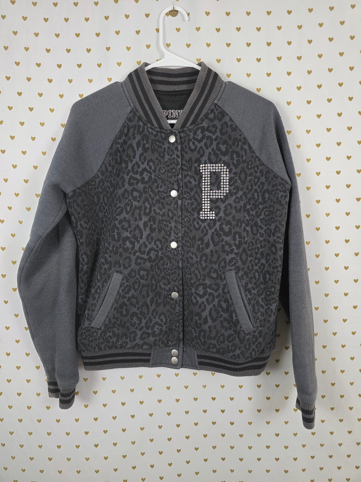 Victorias Secret Pink BLING CHEETAH LEOPARD Logo Varsity Bomber MEDIUM
