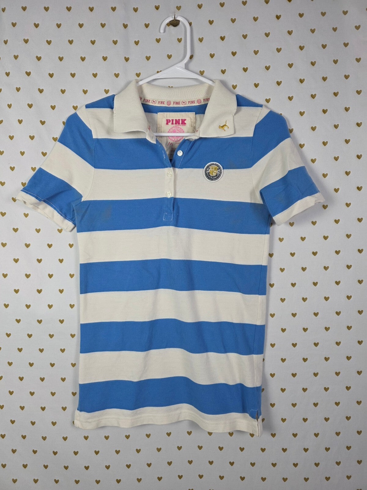 Victoria's Secret PINK Polo Shirt M Blue White Stripe Crest Gold Dog Preppy
