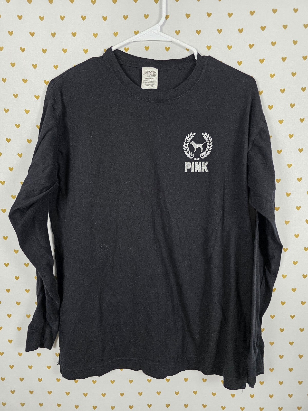 Victorias Secret PINK Gold Bling Crest Logo Dog SMALL Long Sleeve Tee Shirt