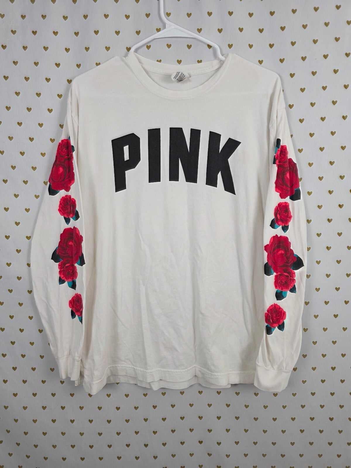 Victorias Secret PINK Rose Logo Long Sleeve White Tee shirt Medium