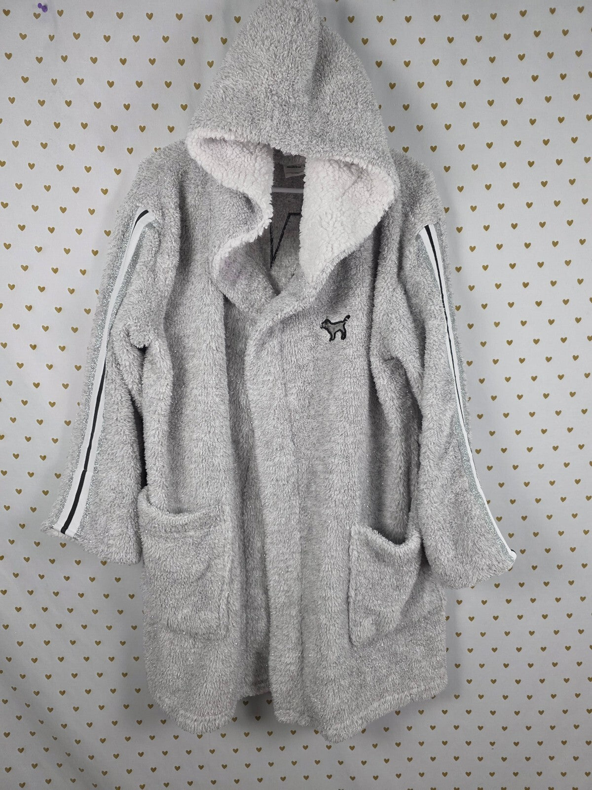 Victorias Secret PINK Shimmer Hooded Robe Silver Medium Large Fuzzy Warm