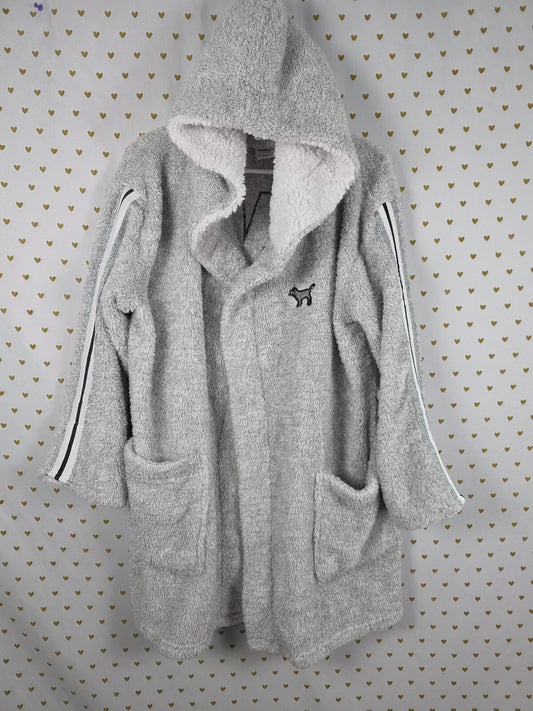 Victorias Secret PINK Shimmer Hooded Robe Silver Medium Large Fuzzy Warm