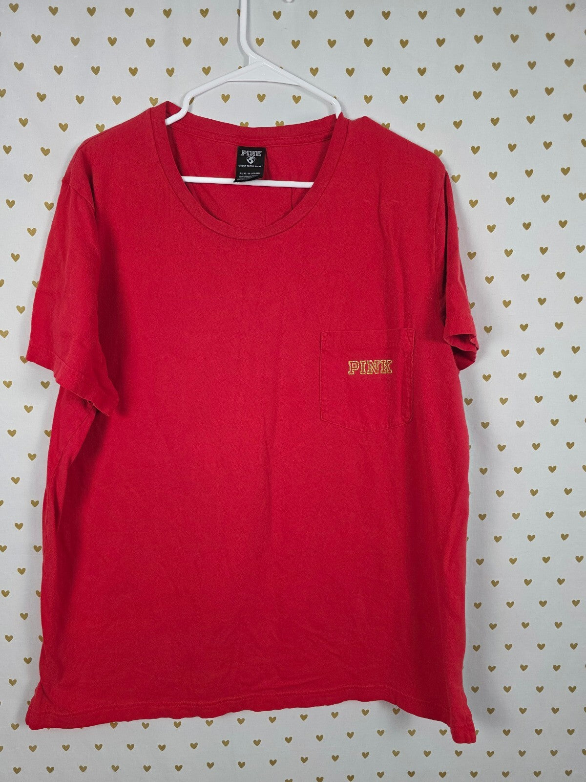 Victorias Secret PINK Gold Glitter Red Pocket Tee shirt XL