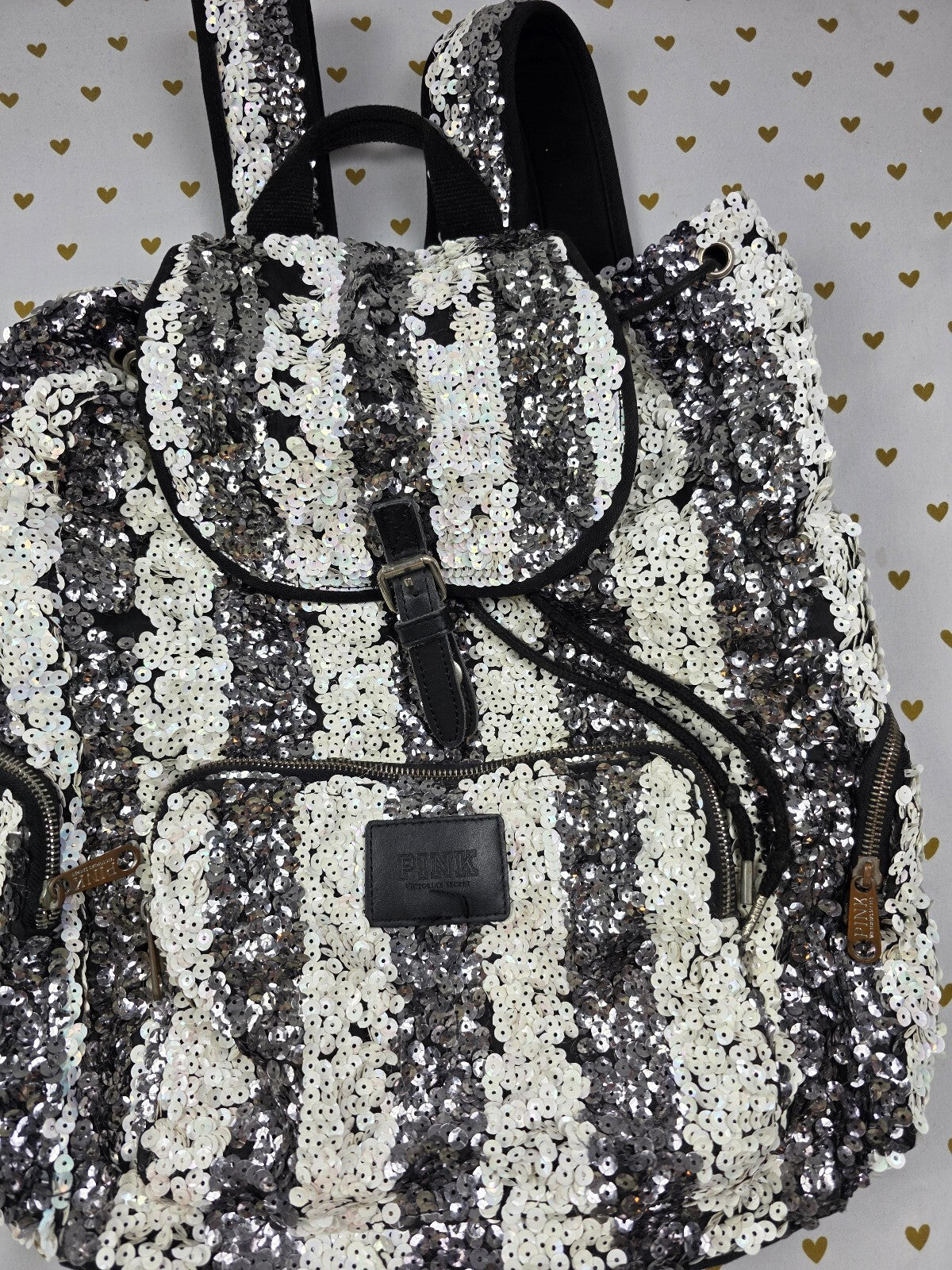 Victoria's Secret PINK BLING Sequin Zebra Stripe Backpack Silver White Black