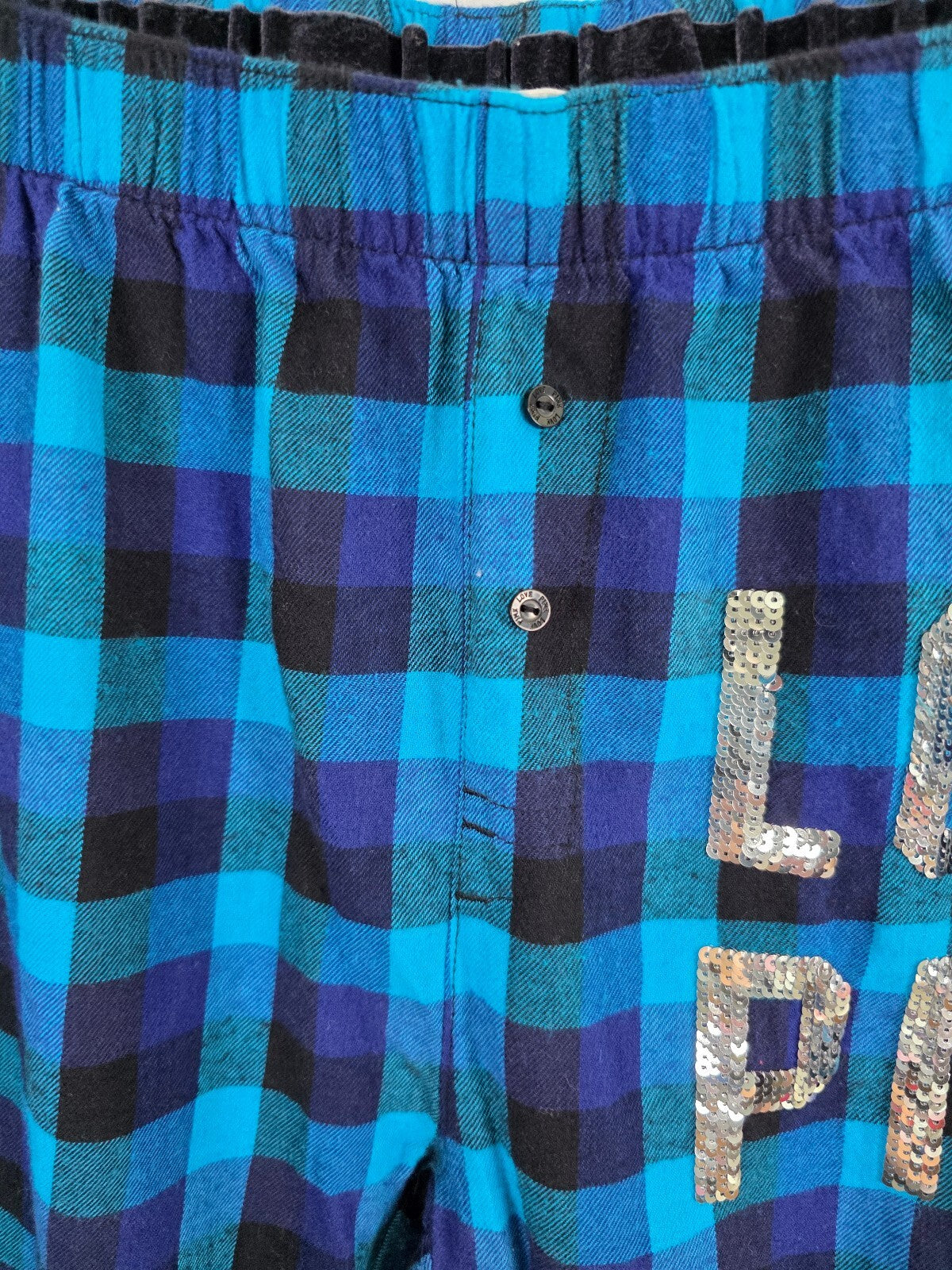Victorias Secret PINK Plaid BLING Blue Sequined Med Sleep Pants Pajama PJ Bottom