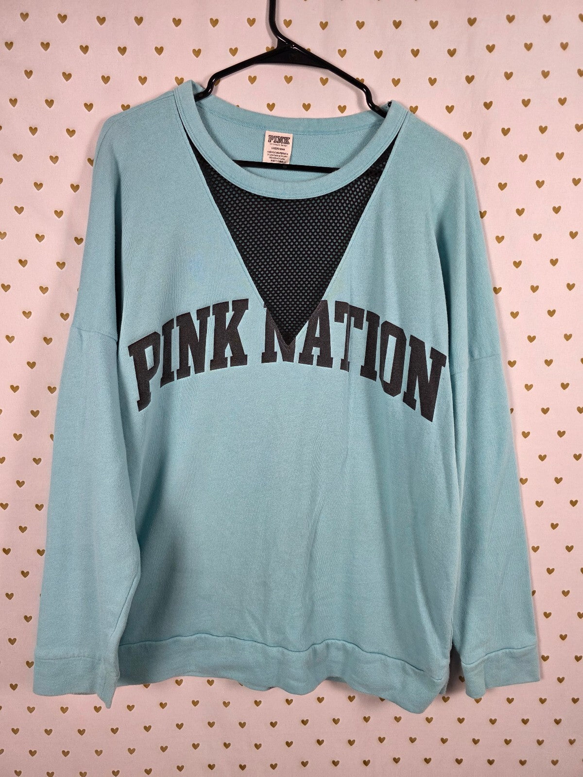 Victorias Secret PINK Nation blue V neck Logo Sweater Shirt Large