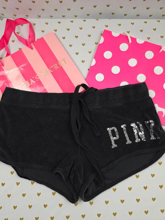 Victorias Secret PINK Velour Vintage Bling Logo Sequined Shorts Medium Black