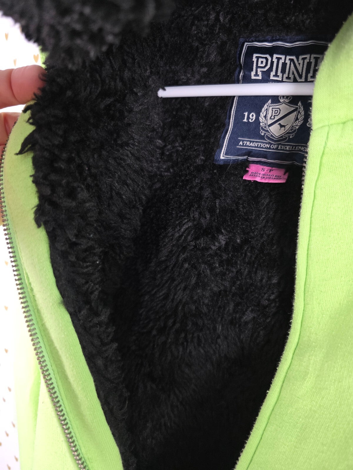 Victoria's Secret PINK Hoodie S Green Sequin LOVE PINK Faux Fur Full Zip BLING