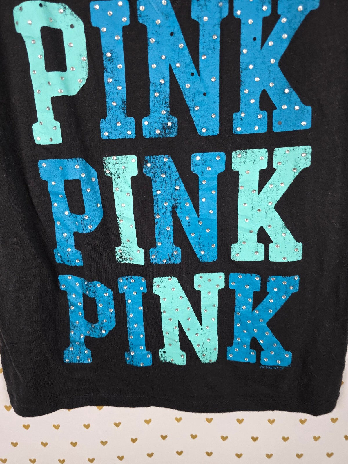 Victorias Secret PINK Vintage Bling Y2k Logo Black V neck tee shirt Large