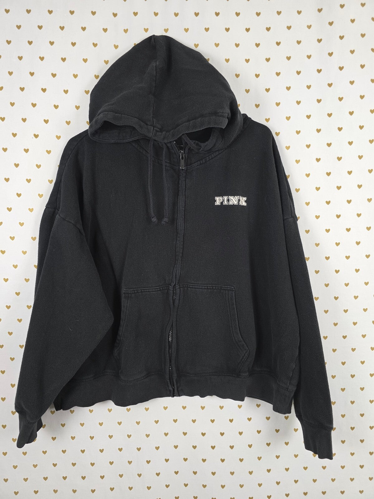 Victorias Secret Pink Logo Full zip black hoodie Jacket Coat XL Oversized