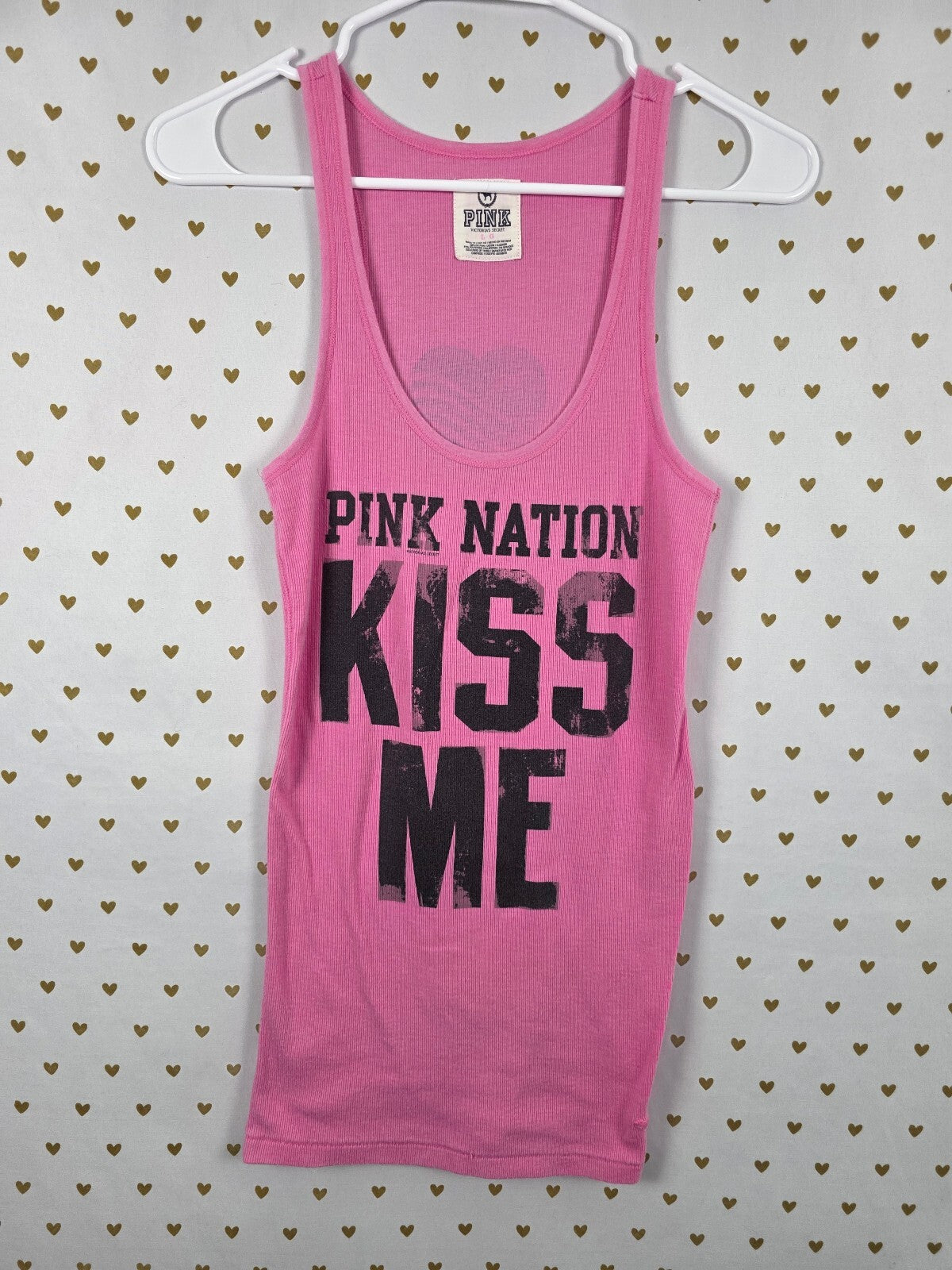 Vintage VS PINK Nation Kiss Me Ribbed Tank Top Dress Pink Graphic Y2K L