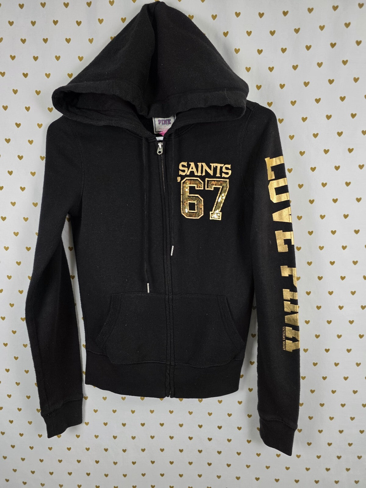 VS PINK NFL New Orleans Saints Hoodie XS Black Gold Sequin BLING Full Zip