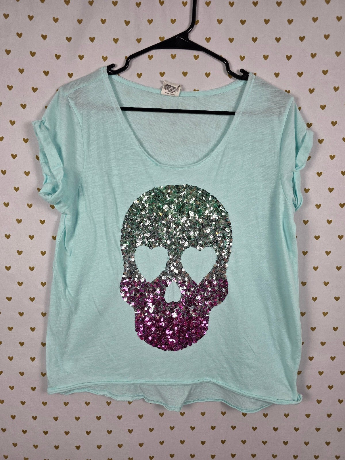Victorias Secret PINK Bling gradient SKULL Tee shirt Halloween LARGE