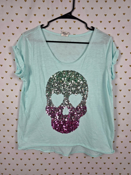 Victorias Secret PINK Bling gradient SKULL Tee shirt Halloween LARGE