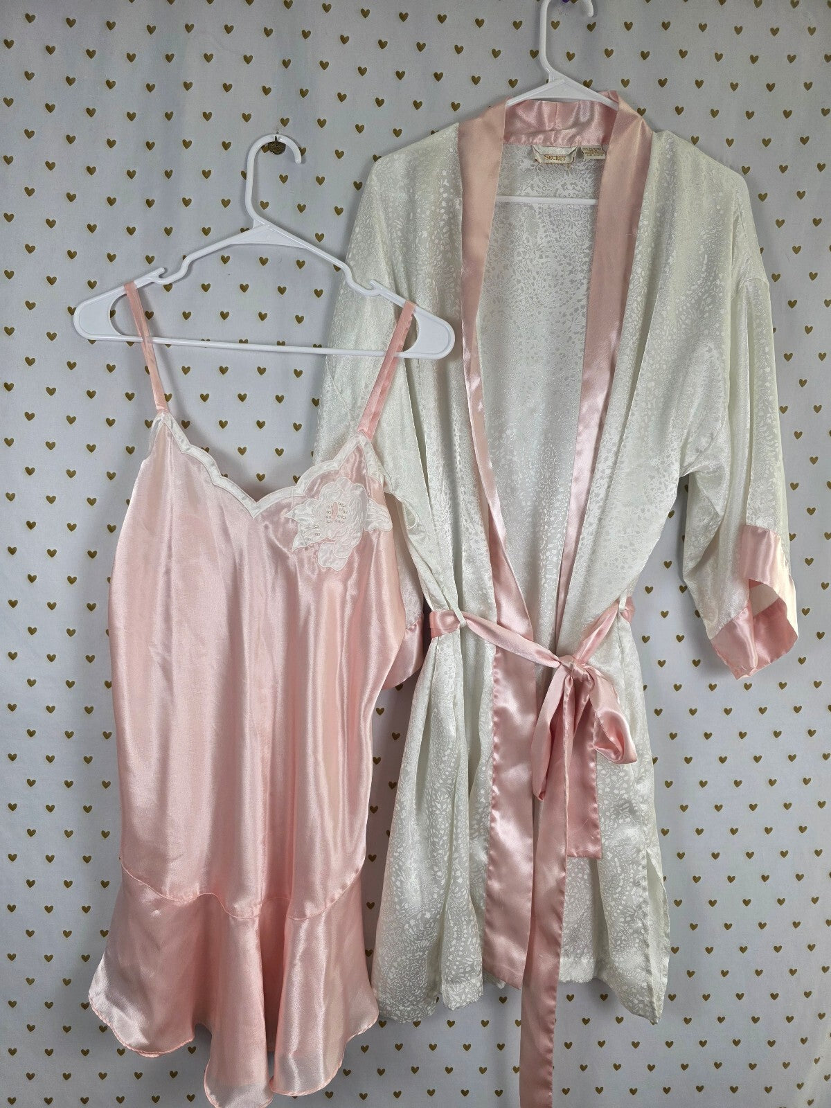 Vintage Victoria's Secret Gold Label Satin Nightgown Robe Set Pink Ivory M