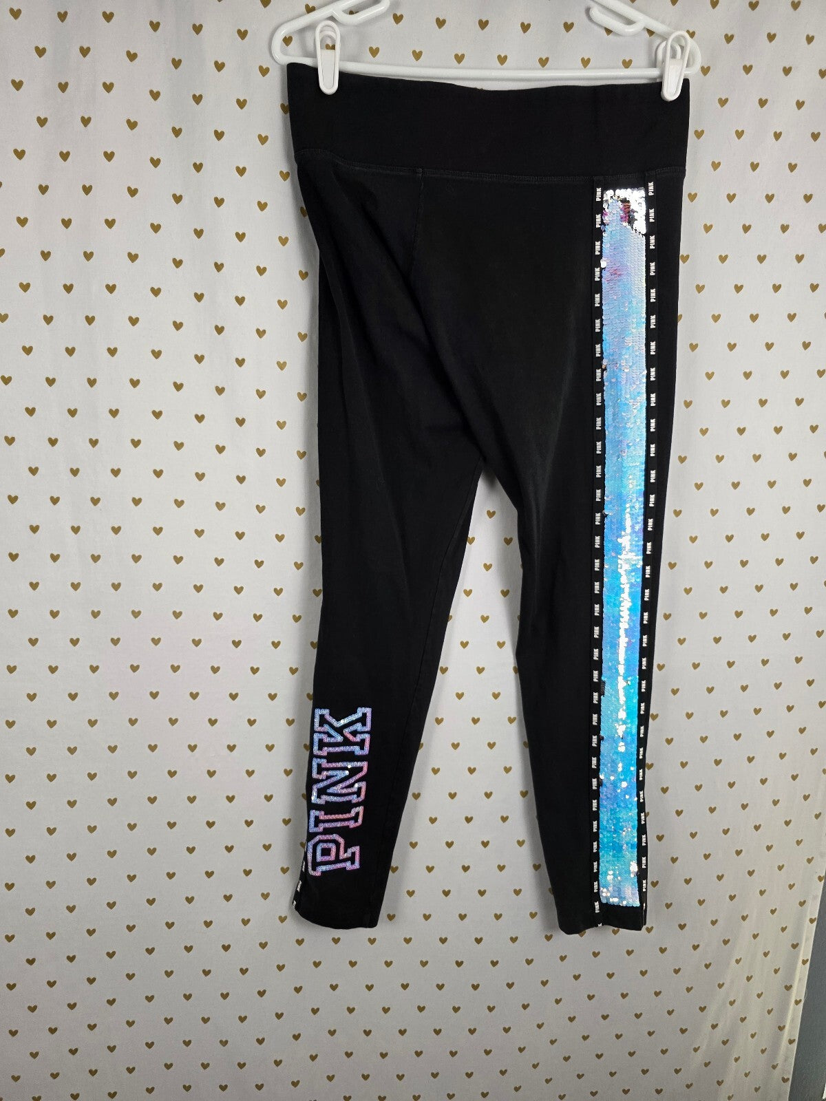 Victorias Secret PINK Mermaid Bling Large Flip Sequin SET 2pc Yoga Pants Tee L