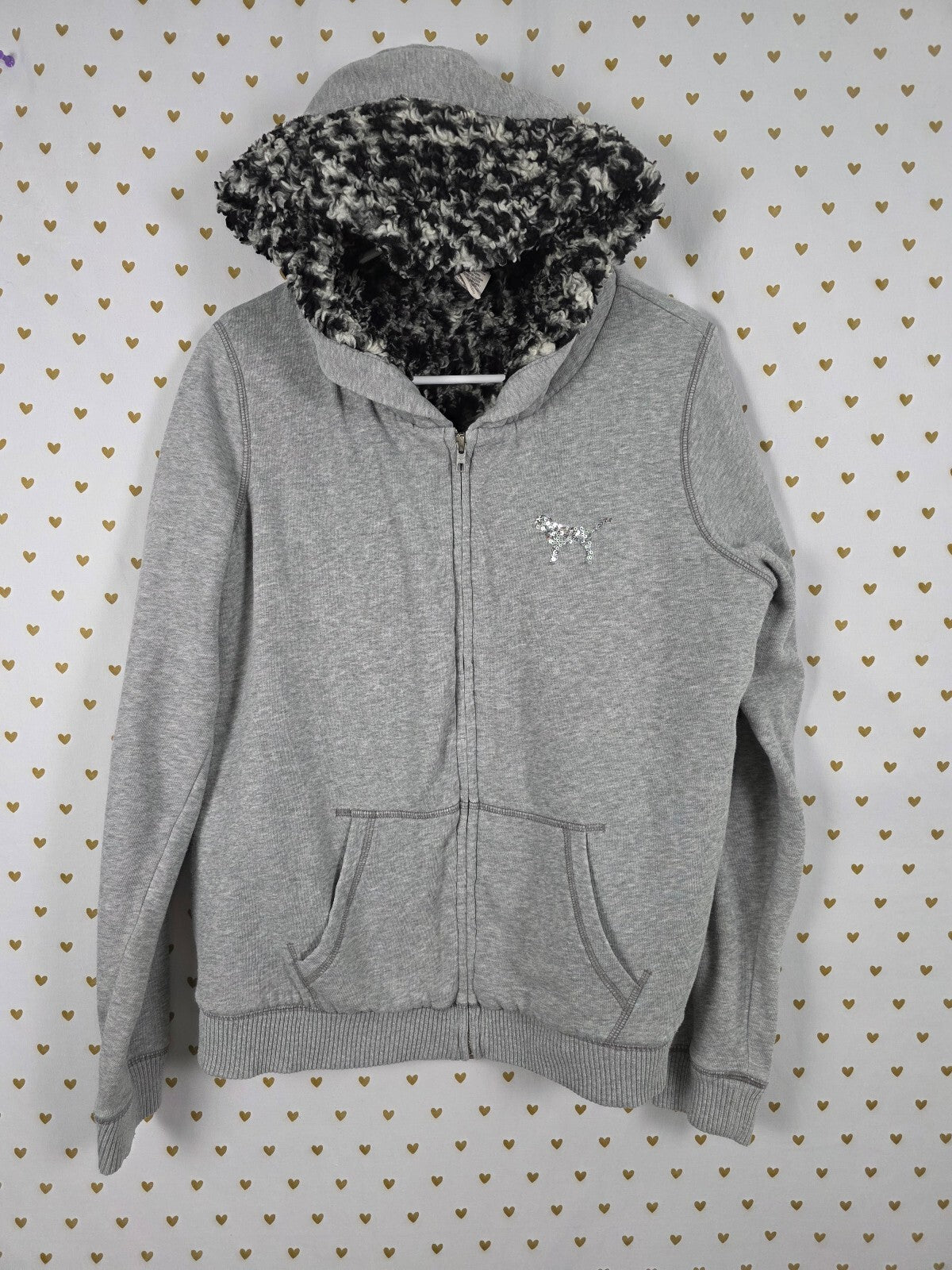 Victoria's Secret PINK Sherpa Lined Hoodie Sequin Dog Leopard Gray Zip Large
