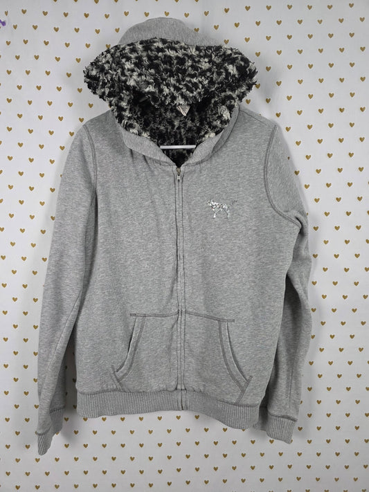 Victoria's Secret PINK Sherpa Lined Hoodie Sequin Dog Leopard Gray Zip Large