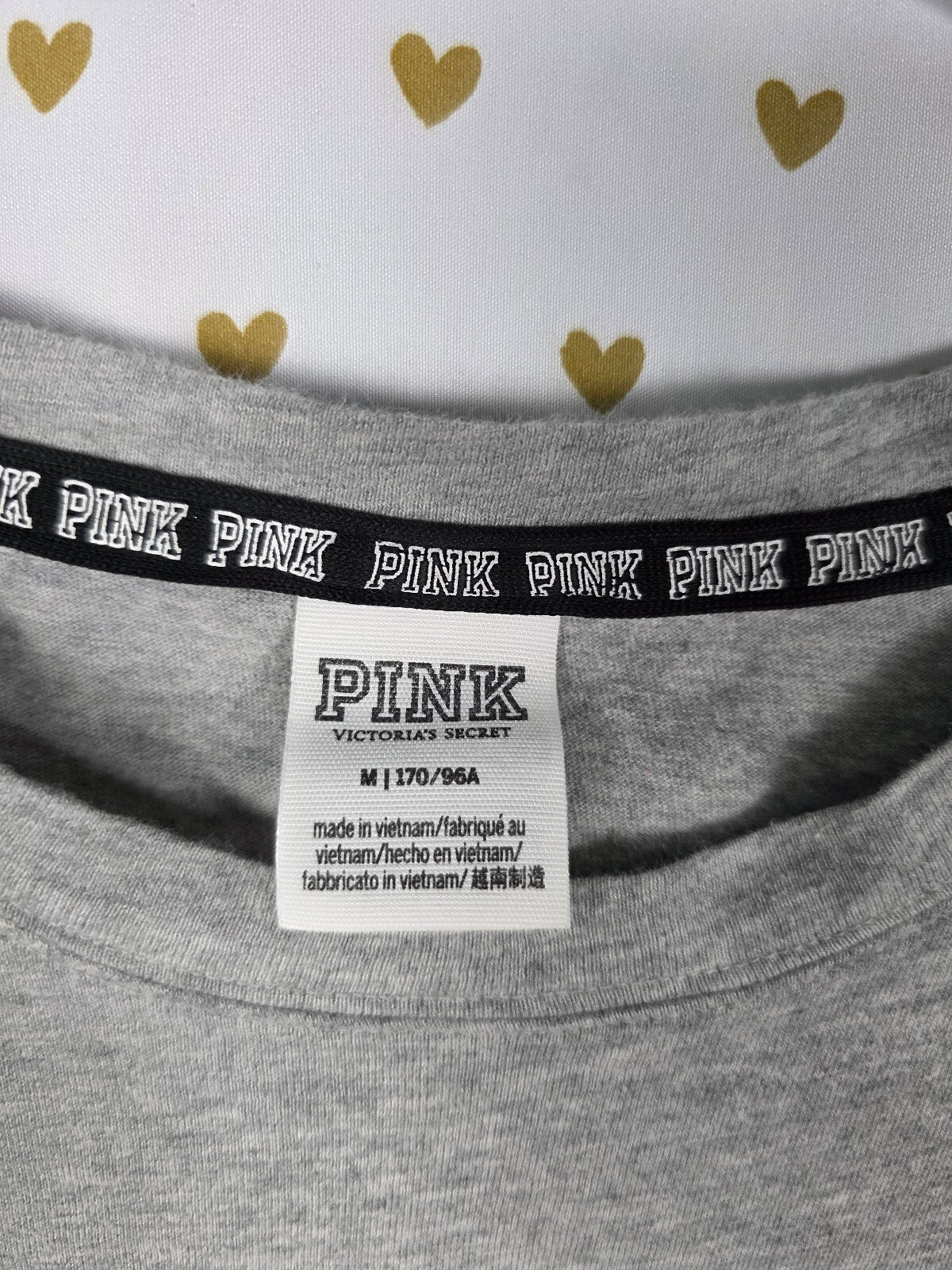 Victorias Secret PINK Purple DOG LOGO Bling Campus Long Sleeve Pocket Tee MEDIUM