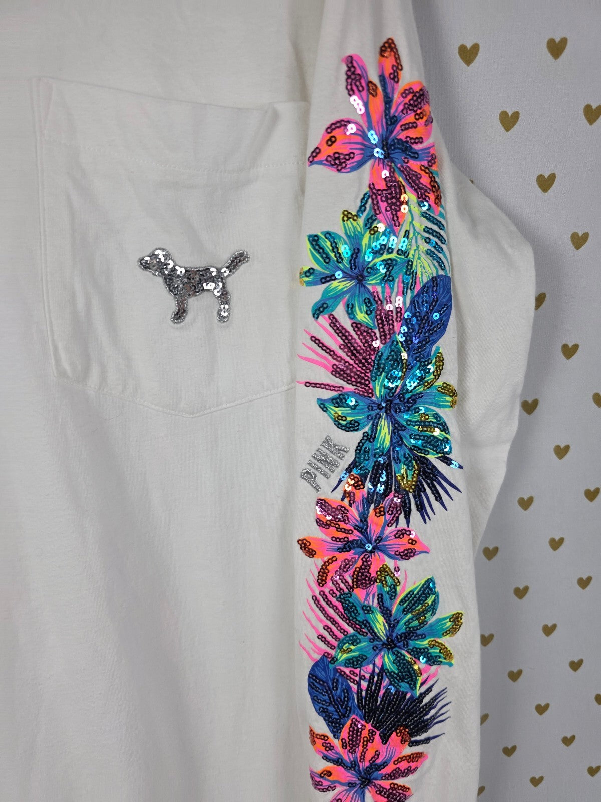 Victoria's Secret PINK Campus Tee Sequin Tropical Floral Hibiscus BLING White M
