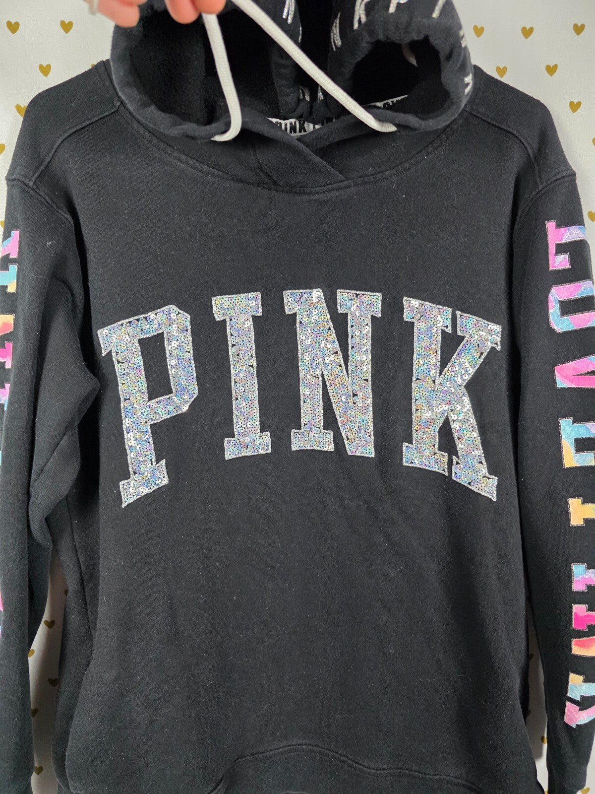Victorias Secret Pink Watercolor BLING sequin Pullover Hoodie Sweater SMALL