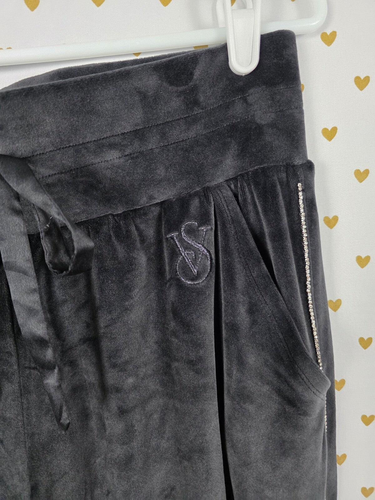 Victorias Secret Black Velvet Soft Sweats Sweatpants BLING Stripe MEDIUM