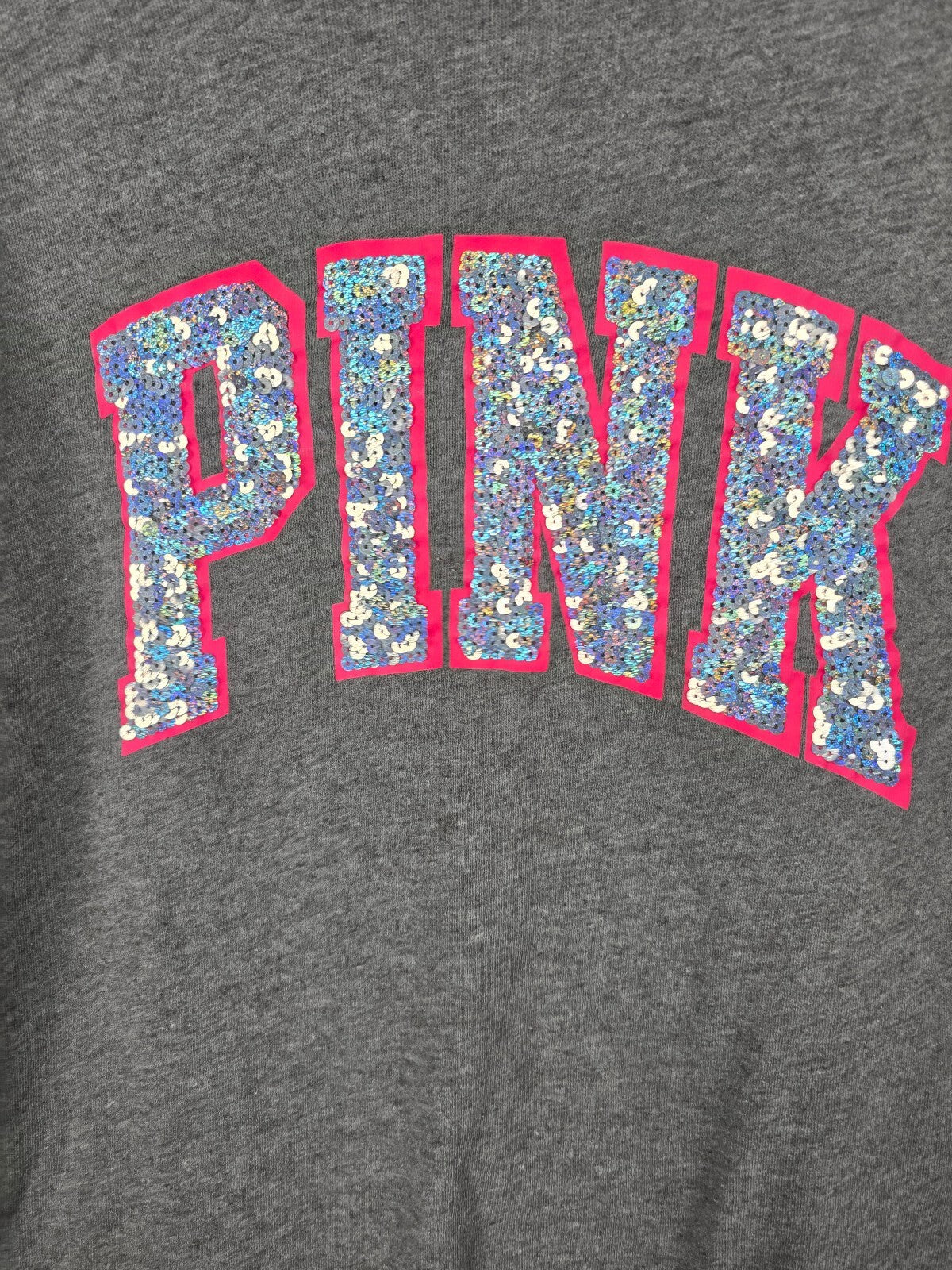 Victorias Secret Pink Grey BLING Neon Lined Sequin Logo Sweater Crew XS Oversize