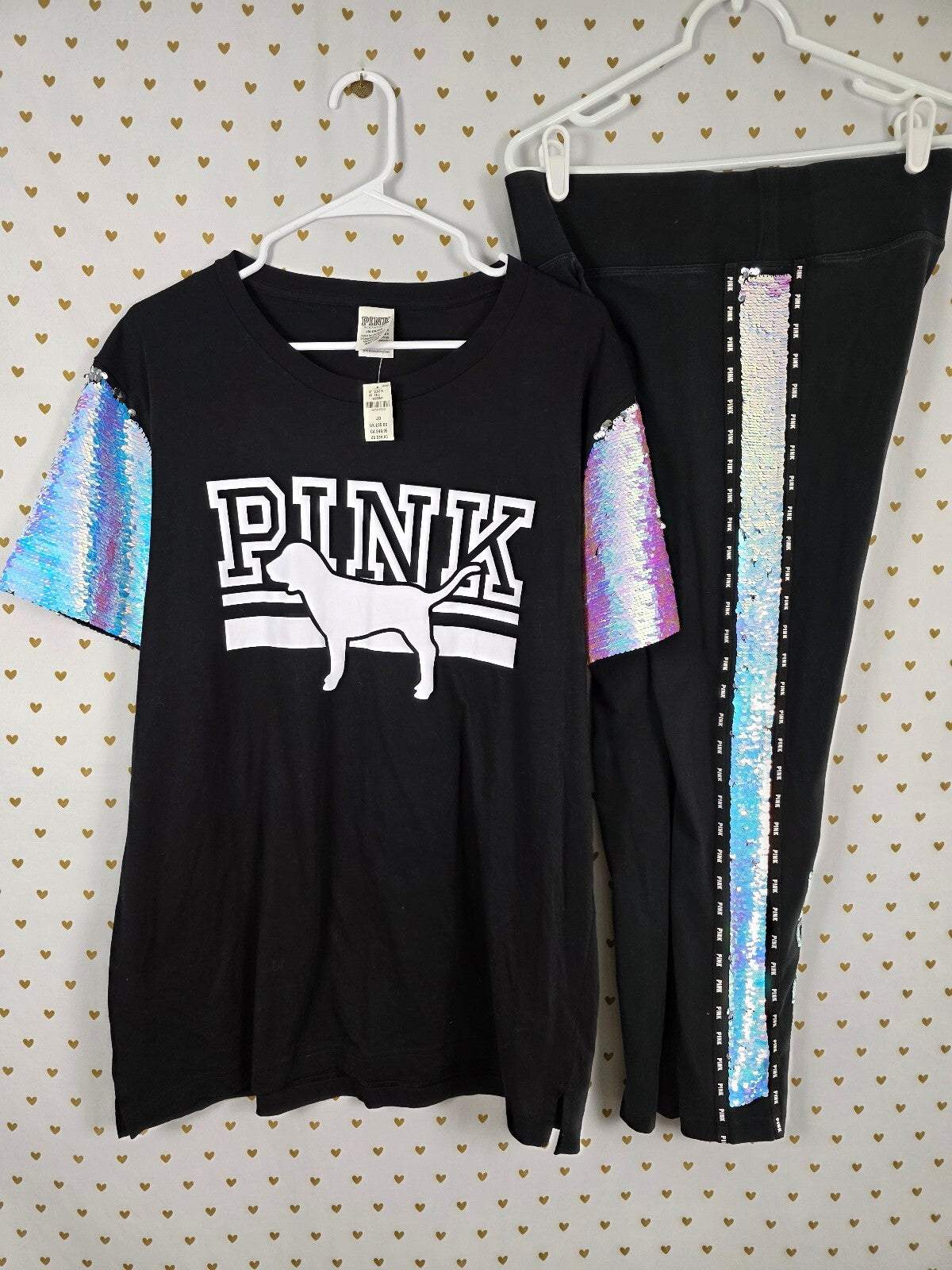 Victorias Secret PINK Mermaid Flip Sequin SET Yoga Pants Tee shirt LARGE NEW