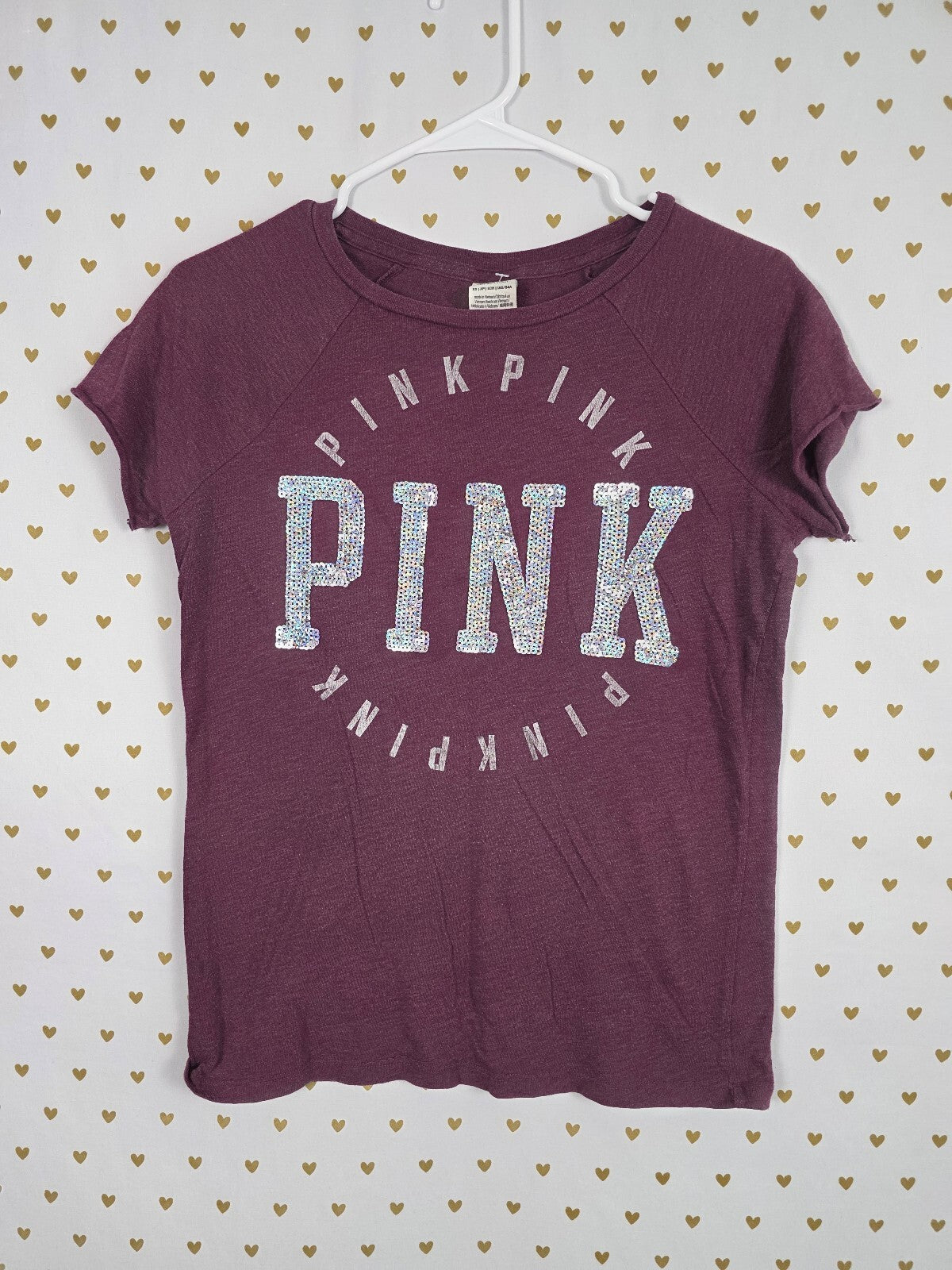 Victorias Secret PINK Maroon BLING Logo Tee shirt Sequined Silver XS