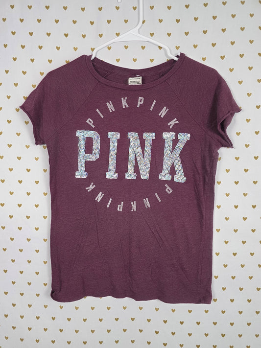 Victorias Secret PINK Maroon BLING Logo Tee shirt Sequined Silver XS