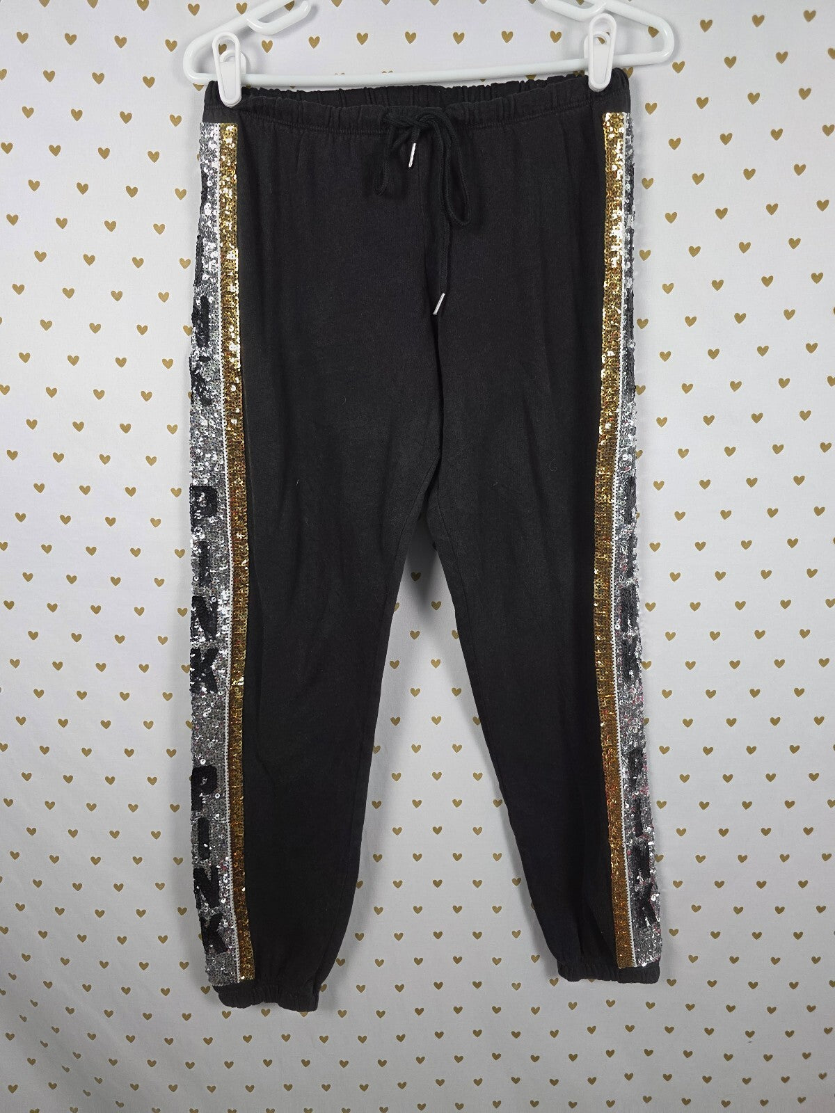 Victorias Secret PINK BLING Stripe Logo Sequined Sweats Sweatpants Black SMALL