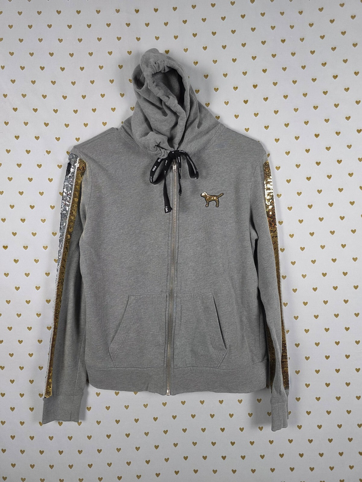Victorias Secret Pink Full zip Gold Bling Hoodie Jacket Sequined Dog XS