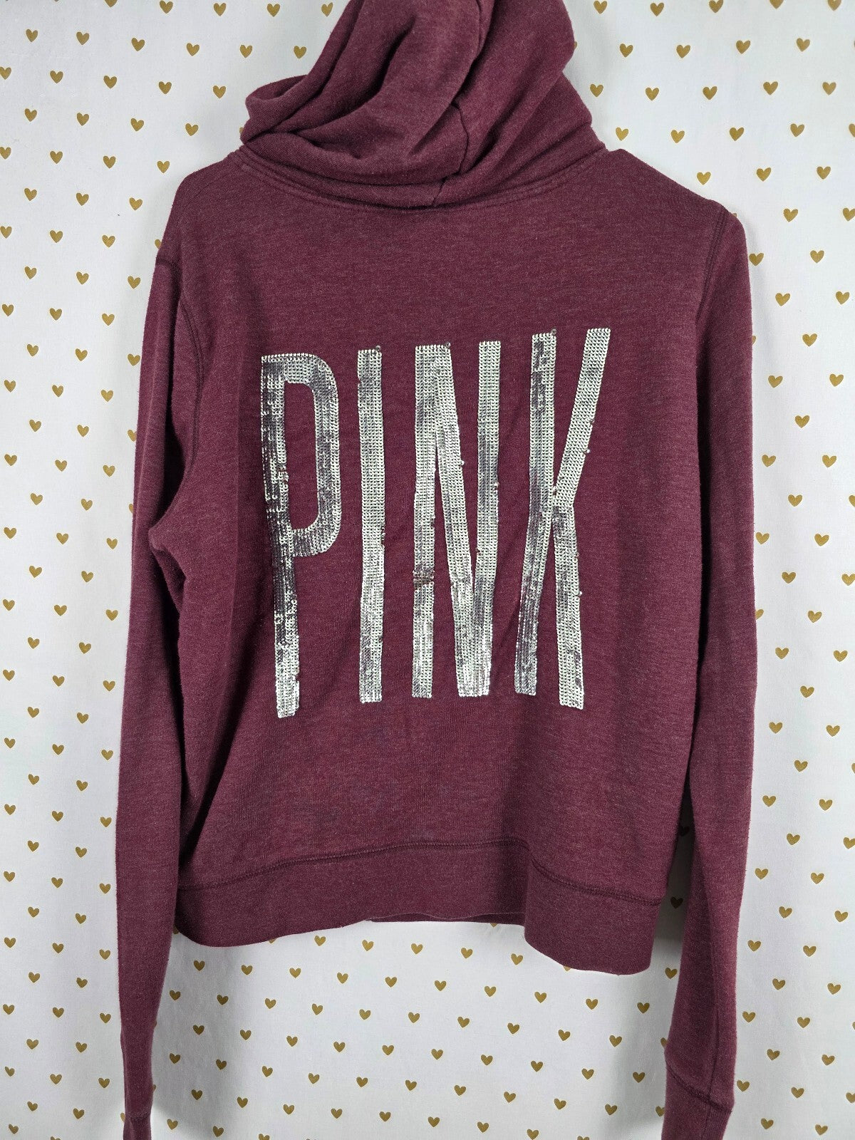 Victorias Secret Pink Maroon Sequined Bling Full ZIp Hoodie Jacket LARGE