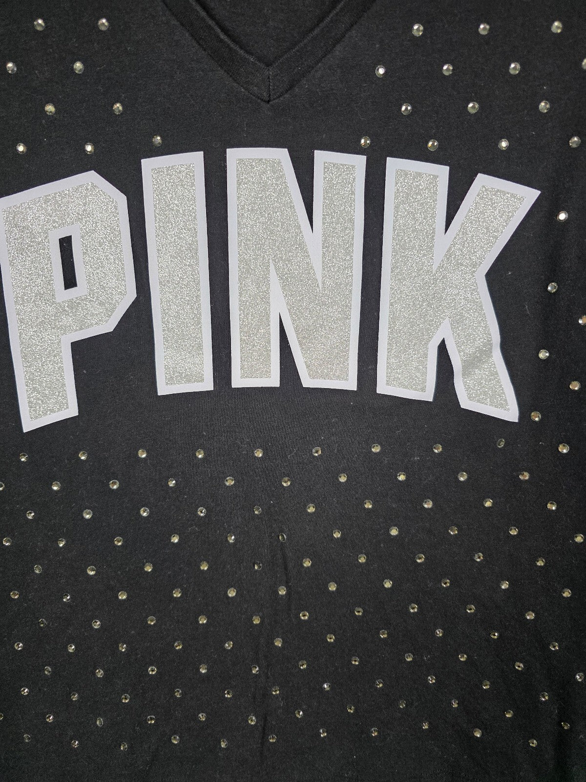 Victorias Secret PINK Bling Rhinestone Studded Logo V Neck Tee Shirt LARGE