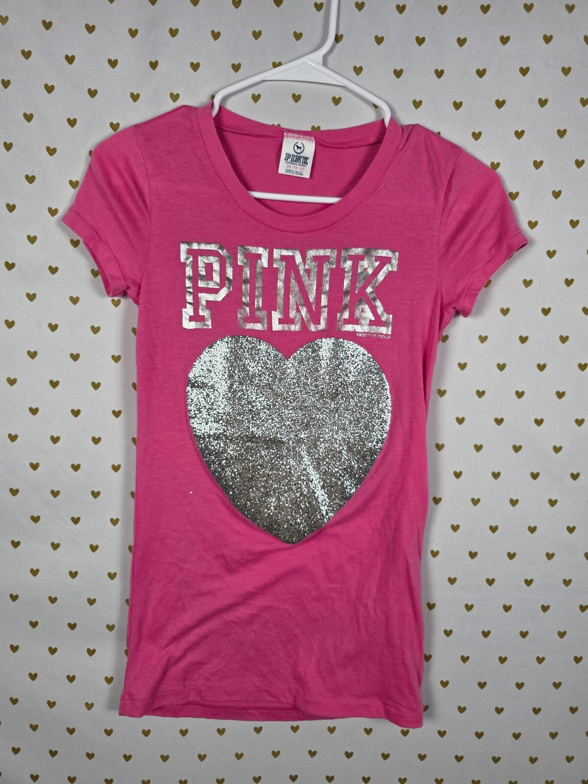 Victorias Secret PINK Vintage FULL GLITTER heart Y2k V Neck Tee shirt XS