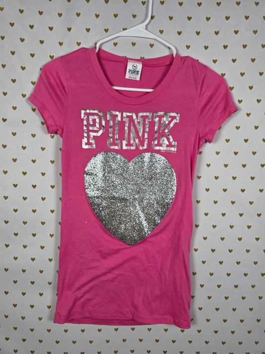 Victorias Secret PINK Vintage FULL GLITTER heart Y2k V Neck Tee shirt XS