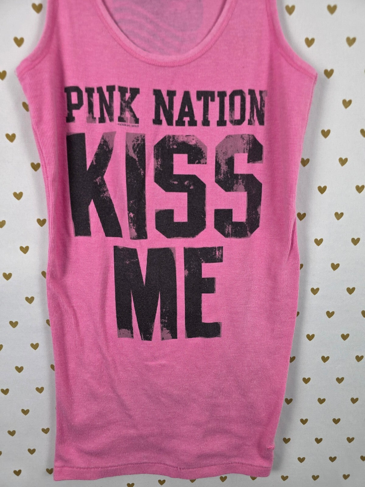 Vintage VS PINK Nation Kiss Me Ribbed Tank Top Dress Pink Graphic Y2K L