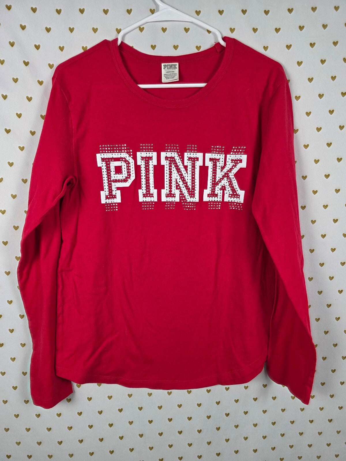 Victorias Secret PINK Red logo Studded Rhinestone Long Sleeve Tee Shirt LARGE