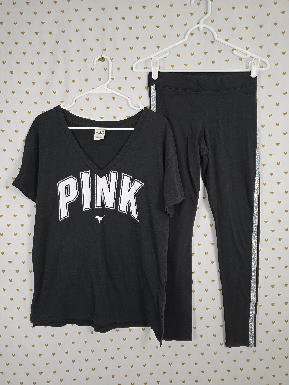Victorias Secret PINK V neck BLING Sequined Set Tee Shirt Leggings Small Med
